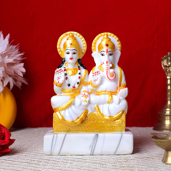 Laxmi-Ganesh Idol Showpiece for Home Decor (White) Marble – 7 Inch