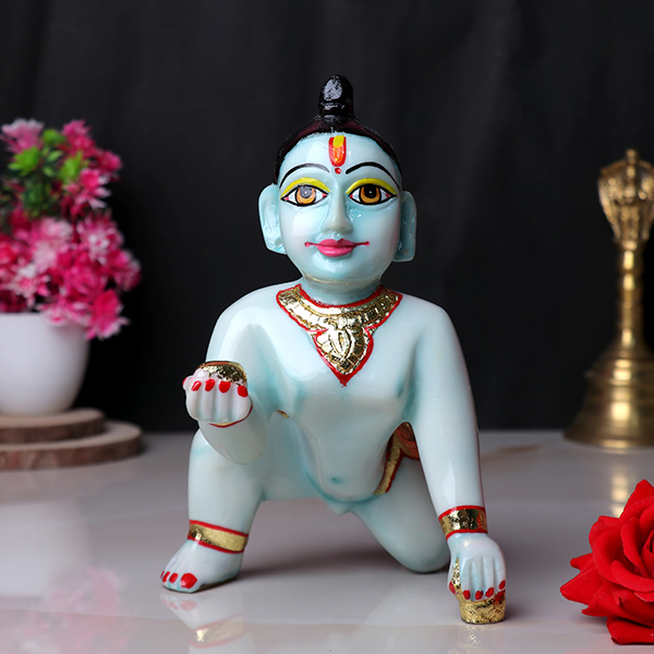 Laddu Gopal Krishna Idol Showpiece for Home Decor, Golden Foil Work (Blue) Marble – 7 Inch