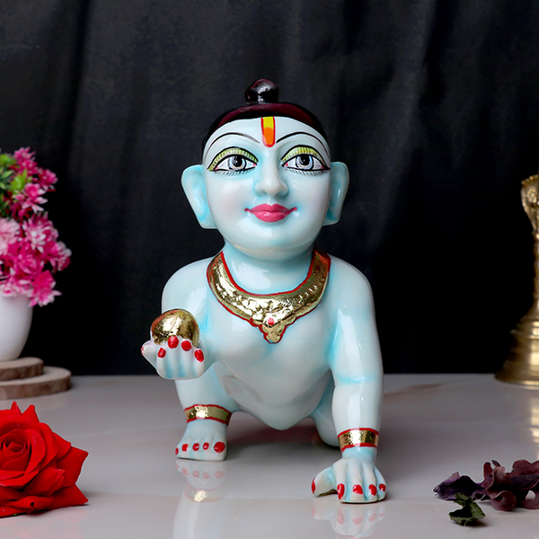 Laddu Gopal Krishna Idol Showpiece for Home Decor, Golden Foil Work (Blue) Marble – 8 Inch