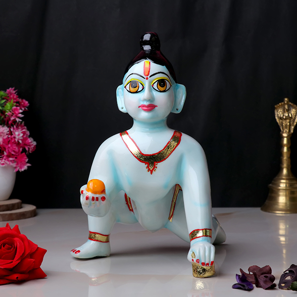 Laddu Gopal Krishna Idol Showpiece for Home Decor, Golden Foil Work (Blue) Marble – 9 Inch