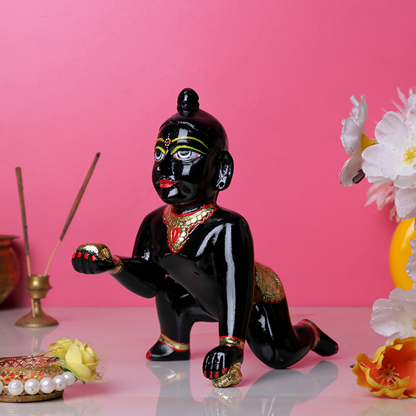 Laddu Gopal Krishna Idol Showpiece for Home Decor, Golden Foil Work (Black) Marble – 7 Inch