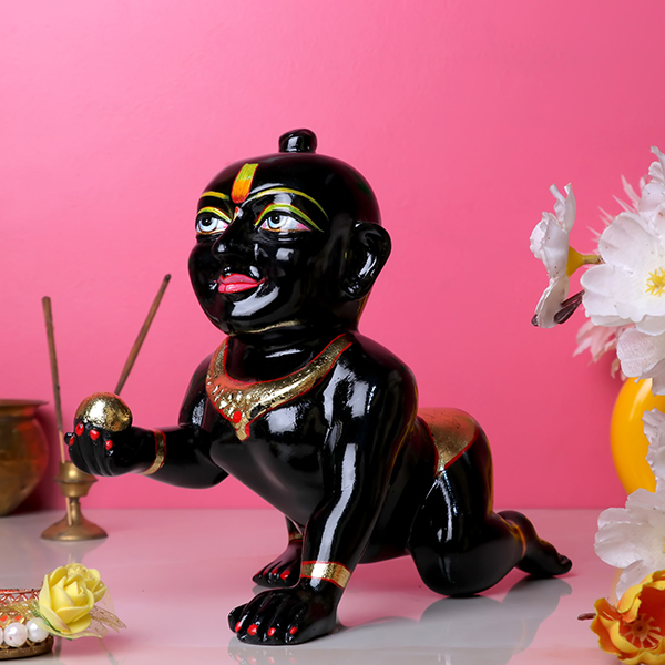 Laddu Gopal Krishna Idol Showpiece for Home Decor, Golden Foil Work (Black) Marble – 8 Inch