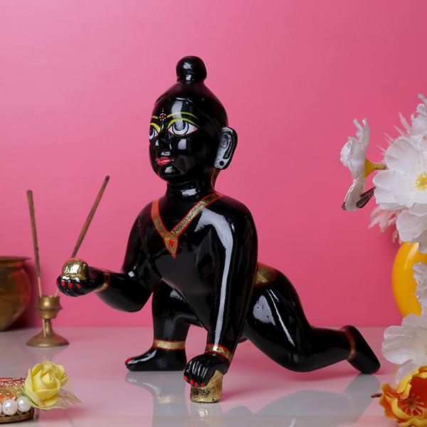 Laddu Gopal Krishna Idol Showpiece for Home Decor, Golden Foil Work (Black) Marble – 9 Inch