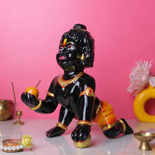 Laddu Gopal Krishna Idol Showpiece for Home Decor (Black) Marble – 12 Inch