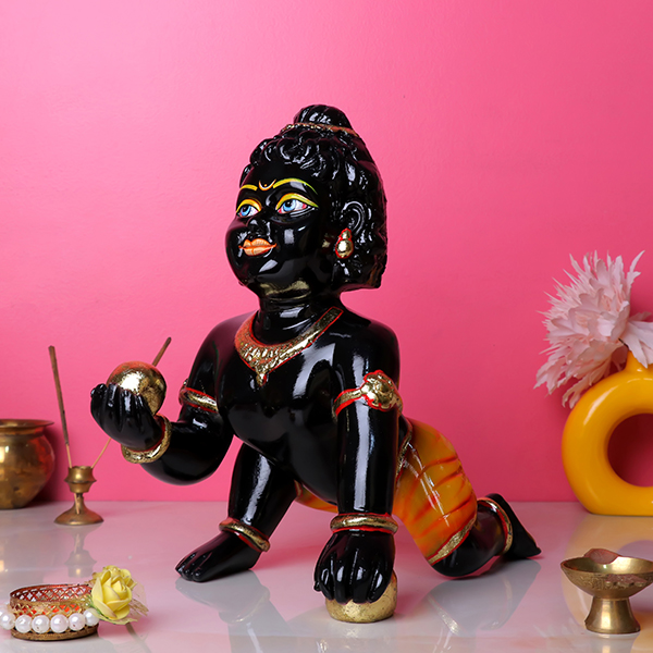Laddu Gopal Krishna Idol Showpiece for Home Decor, Golden Foil Work (Black) Marble – 12 Inch