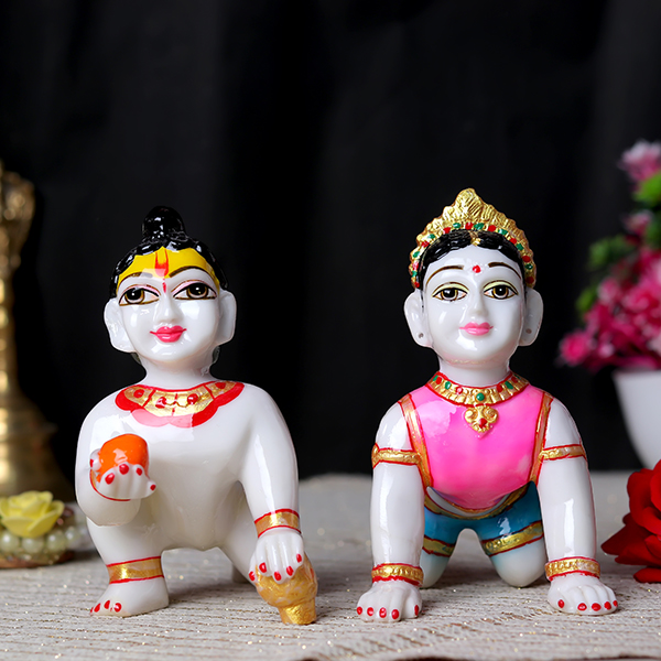 Laddu Gopal with Radha Rani Idol Showpiece for Home Decor (Multicolor) Marble – 6 Inch