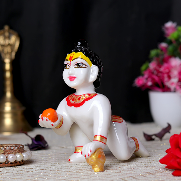 Laddu Gopal Krishna Idol Showpiece for Home Decor (White) Marble – 6 Inch