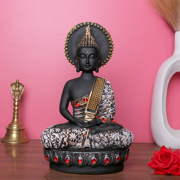 Lord Buddha Idol Showpiece for Home Decor (Black & White) Polyresin – 10.5 Inch