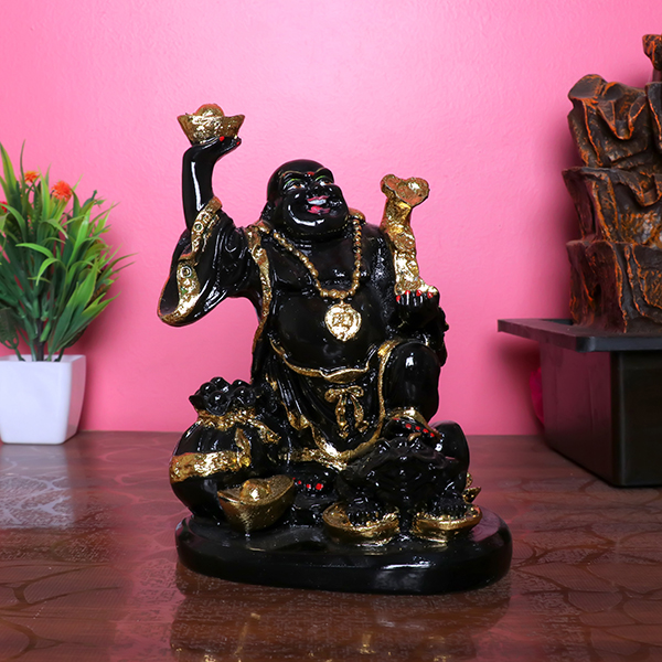 Black & Gold Laughing Buddha Statue – 17cm Feng Shui Idol