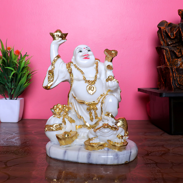 White & Gold Laughing Buddha Statue – 17cm Feng Shui Decor