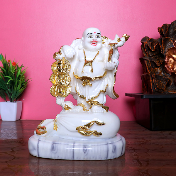White & Gold Laughing Buddha Statue with Coins – 19cm Feng Shui Idol