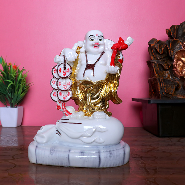 White & Gold Laughing Buddha with Coins & Red Ribbon – 19cm Feng Shui Idol