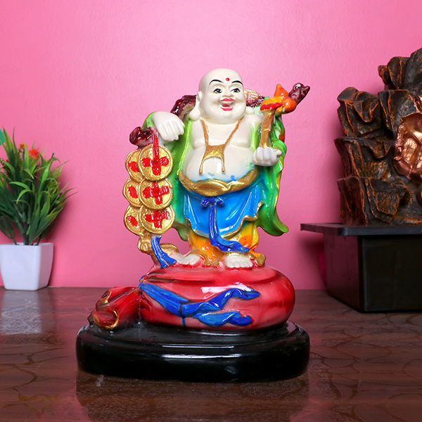 Multicolor Laughing Buddha with Coins & Red Ribbon – 19cm Feng Shui Statue