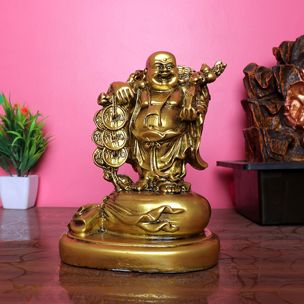 Golden Laughing Buddha Statue with Coins – 19cm Prosperity Idol