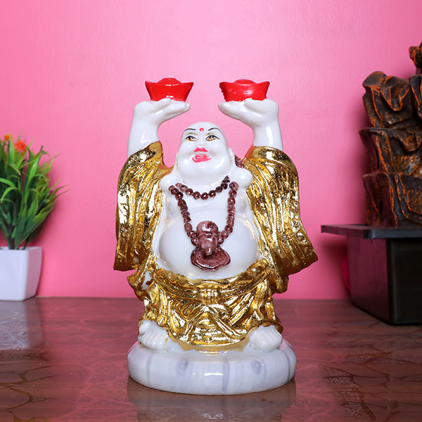 White & Gold Laughing Buddha Statue for Good Luck