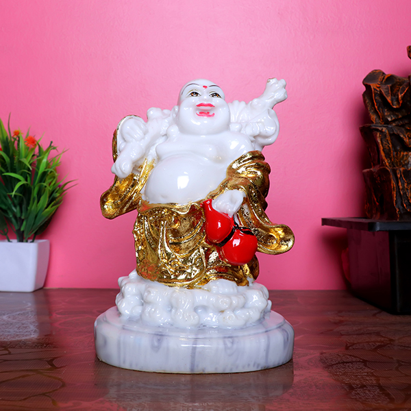 White & Gold Laughing Buddha Statue for Happiness & Prosperity