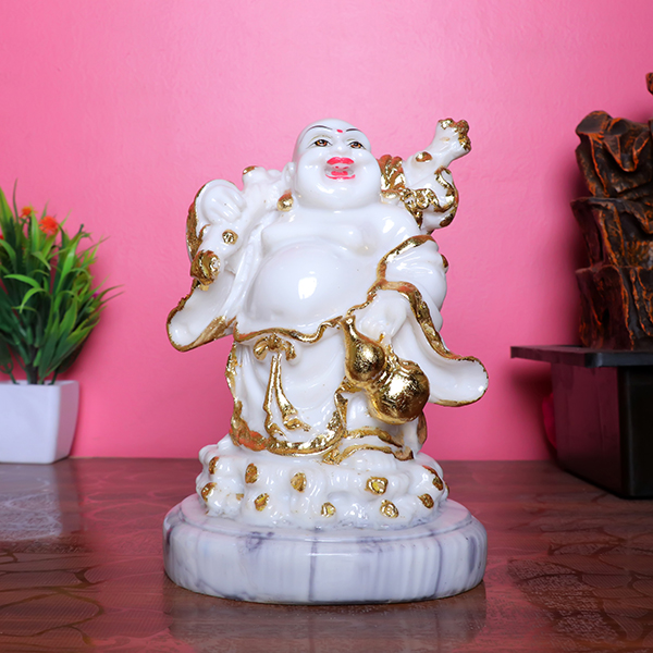 White & Gold Laughing Buddha Statue for Good Fortune & Happiness