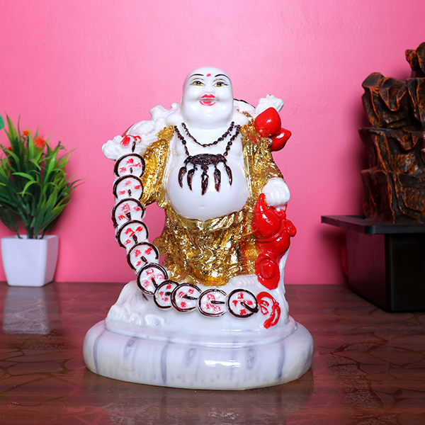 White & Gold Laughing Buddha Statue for Luck & Wealth