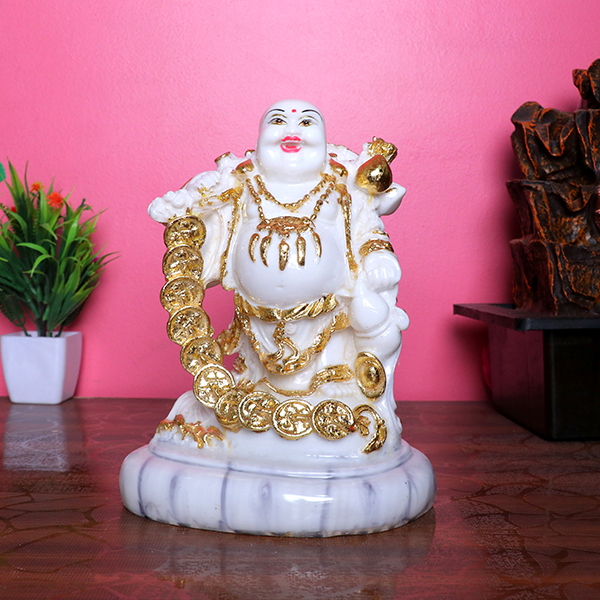 Elegant White & Gold Laughing Buddha Statue – 19cm