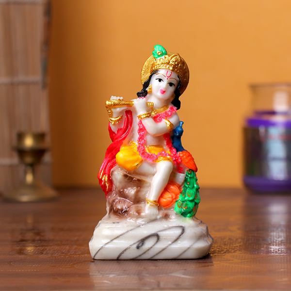 Lord Krishna Idol – 9 cm (H) x 6 cm (L) x 4 cm (D) | Resin Flute Krishna Statue for Home & Office
