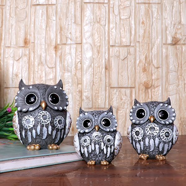 Handcrafted Blue Owl Figurine Set – Decorative Showpiece with Three Different Sizes (Large: 13cm H x 11cm L x 8cm D, Medium: 11cm H x 9cm L x 7cm D, Small: 9.5cm H x 8cm L x 6cm D)
