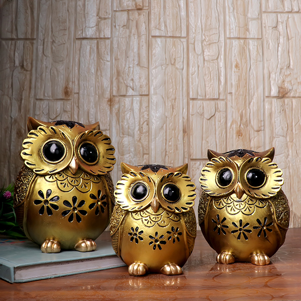 Handcrafted Brown & Green Owl Figurine Set – Decorative Showpiece with Three Different Sizes (Large: 17cm H x 13cm L x 8cm D, Medium: 15cm H x 12cm L x 7cm D, Small: 13cm H x 10cm L x 6cm D)