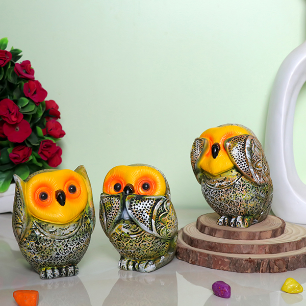 Three Wise Owls Statue Set | Hear No Evil, See No Evil, Speak No Evil | Decorative Polyresin Showpiece | 11 cm (H)