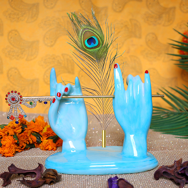 Flute Krishna Hand Showpiece for Home Decor (Sky Blue) Marble – 5.5 Inch