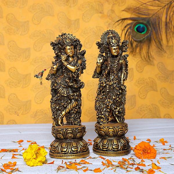 Antique Radha-Krishna for Home Decor (Golden) Polyresin – 9 Inch