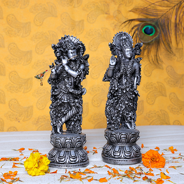 Antique Radha-Krishna for Home Decor (Silver) Polyresin – 9 Inch