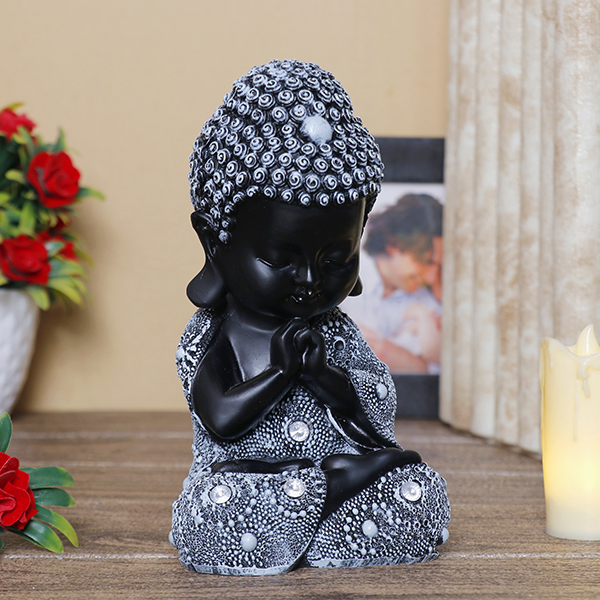 Baby Monk Buddha  Showpiece for Home Decor (Grey & Black) Polyresin – 8 Inch