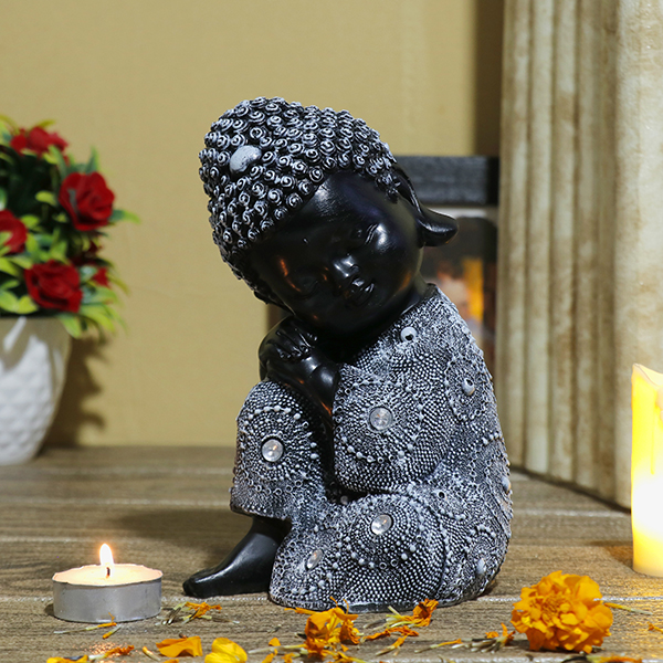 Baby Monk Buddha  Showpiece for Home Decor (Grey & Black) Polyresin – 7 Inch