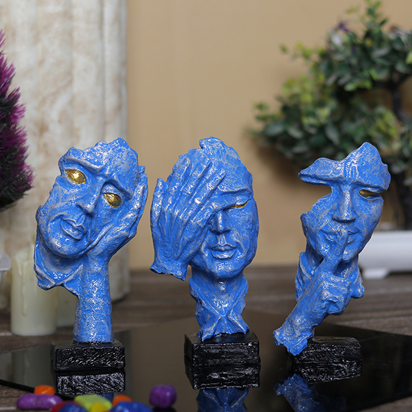Human Faces Showpiece for Home Decor, Set of 3 (Blue) Polyresin – 6 Inch