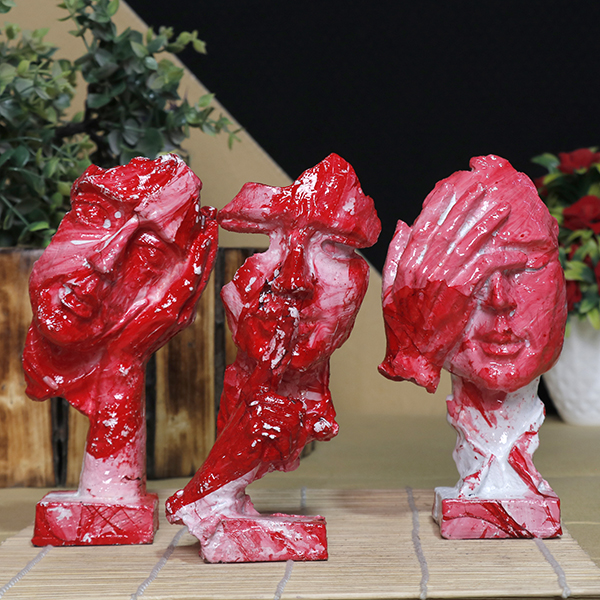 Human Faces Showpiece for Home Decor, Set of 3 (Red) Polyresin – 6 Inch