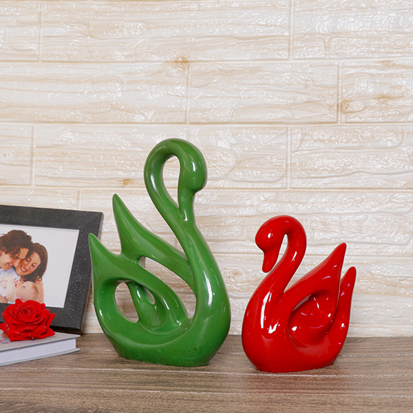 Lucky Swan Couple Showpiece for Home Decor (Green & Red) Polyresin – 10 Inch