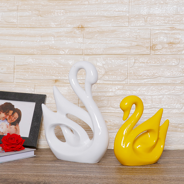 Lucky Swan Couple Showpiece for Home Decor (White & Yellow) Polyresin – 10 Inch