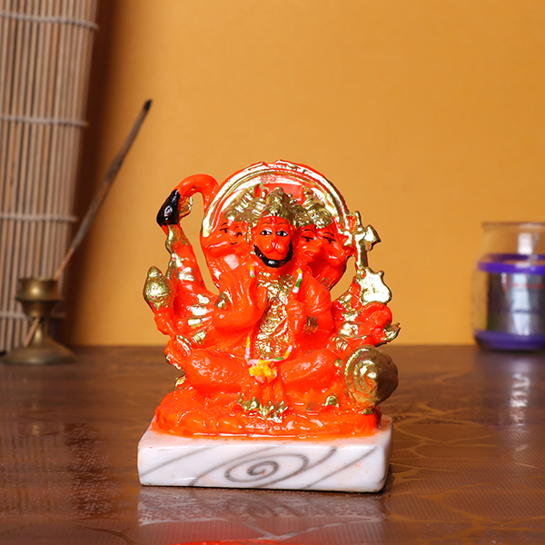 Lord Hanuman Ji Idol | Orange & Golden Decorative Religious Showpiece | Marble Base | 9.5 cm Height