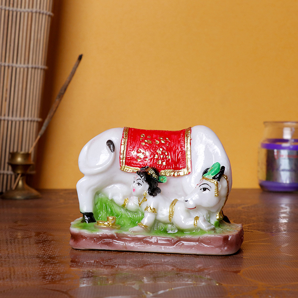 Lord Krishna with Cow Idol | Polyresin Decorative Showpiece | 10 cm (L) x 5 cm (D) x 7 cm (H)