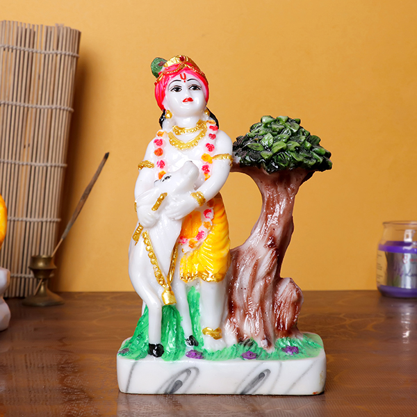Lord Krishna with Cow & Tree Idol | Polyresin Decorative Showpiece | 11 cm (L) x 7 cm (D) x 18 cm (H)