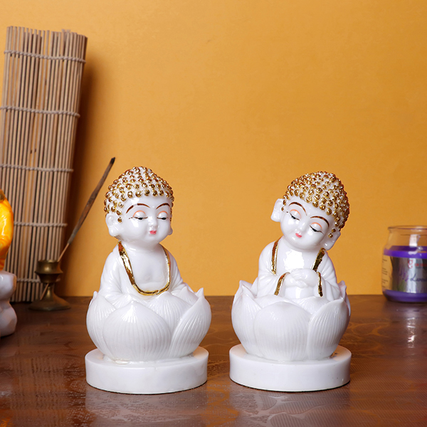Set of 2 Baby Buddha Statues – White & Gold Lotus Meditation Figurines (12 cm H) for Home & Office Décor
