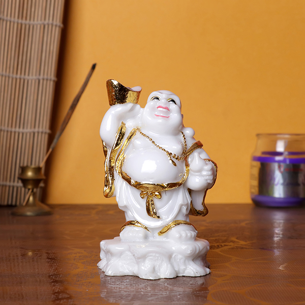 White & Gold Laughing Buddha Statue – 10.5 cm (H) x 6 cm (L) x 6 cm (D) | Feng Shui Good Luck & Prosperity Idol