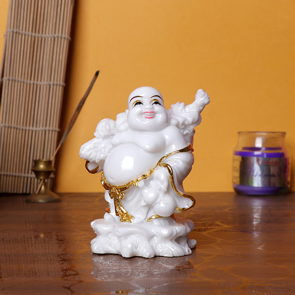 White & Gold Laughing Buddha Statue – 10 cm (H) x 7 cm (L) x 7 cm (D) | Feng Shui & Vastu Prosperity Idol