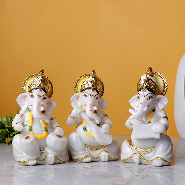 Set of 3 White Ganesh Idols – Musical Ganesha Resin Figurines (15 cm H) for Home, Office & Temple Décor