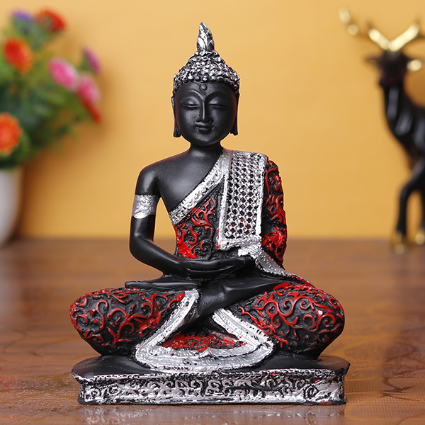 Black & Red Buddha Idol – Peaceful Decor – 6.5 Inch
