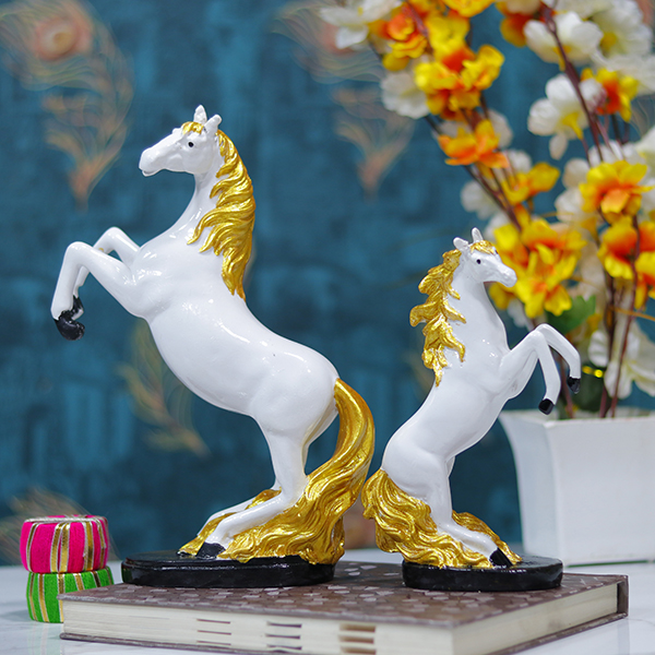Hand Lighting Horse Showpiece for Home Decor, Set of 2 (White) Polyresin – 10 Inch