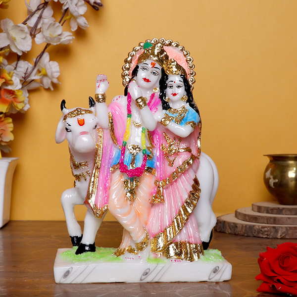 Radha Krishna Marble Divine Idol With Golden Foil Work – 9 Inch