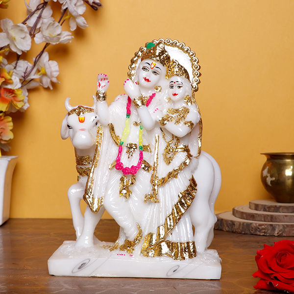 Radha Krishna Marble Divine Idol With Golden Foil Work – 9 Inch