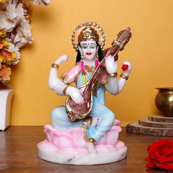 Divine Marble Saraswati Idol – 9 Inch Showpiece for Study Room, Home & Office