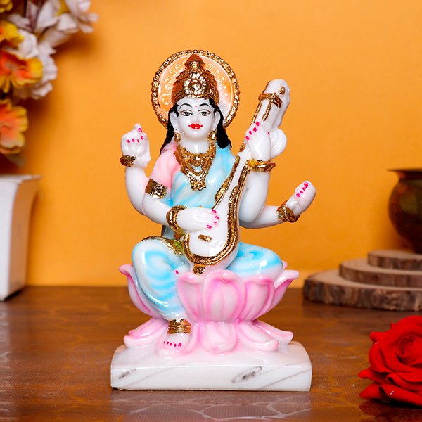 Divine Marble Saraswati Idol ? 7 Inch Showpiece for Study Room, Home & Office