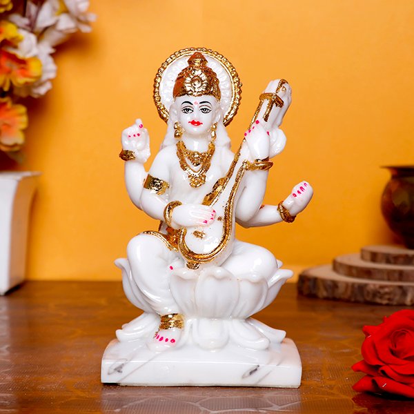 Divine Marble Saraswati Idol ? 7 Inch Showpiece for Study Room, Home & Office